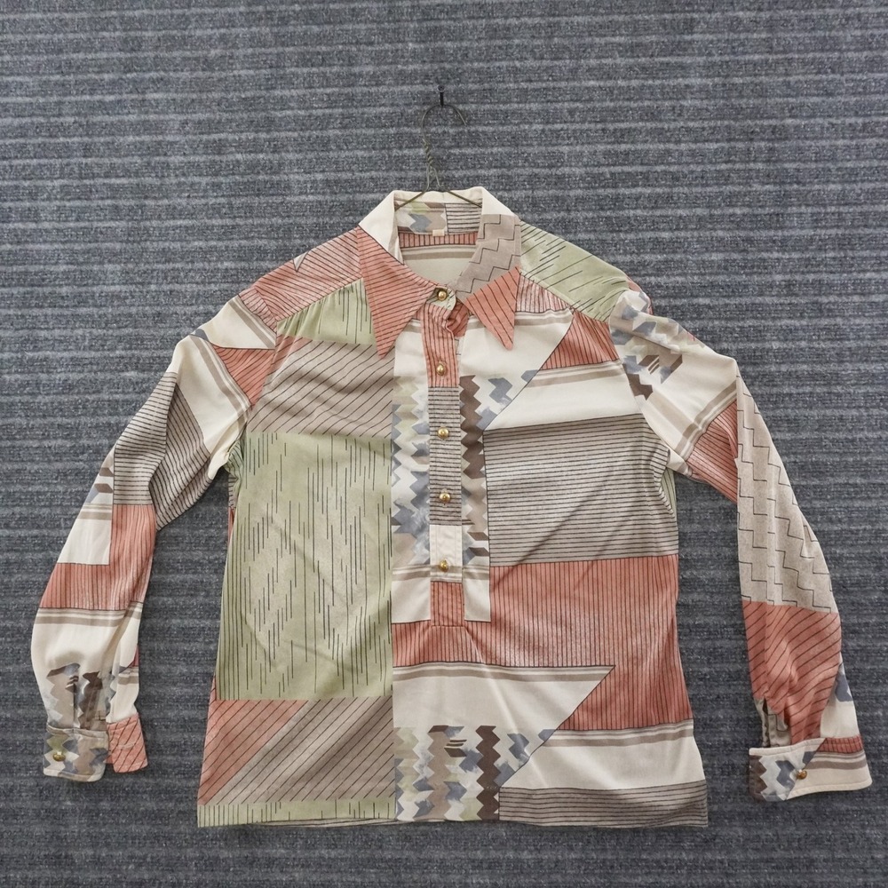 Vintage 70s Geometric Patchwork Blouse Women Size 16 Multi-Color Gold Button